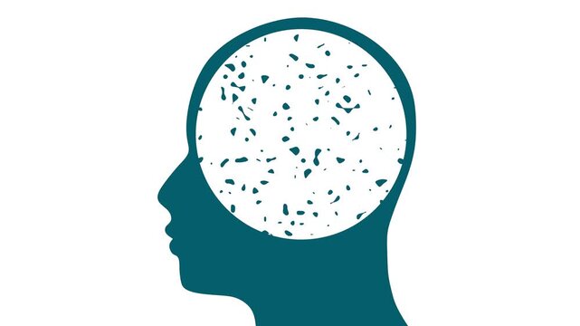 Dementia, memory loss, amnesia concept. Brain damage, cognitive disfunction. Alzheimer's disease. Animation of a human head profile with damaged brain. Mental, psychological illness.