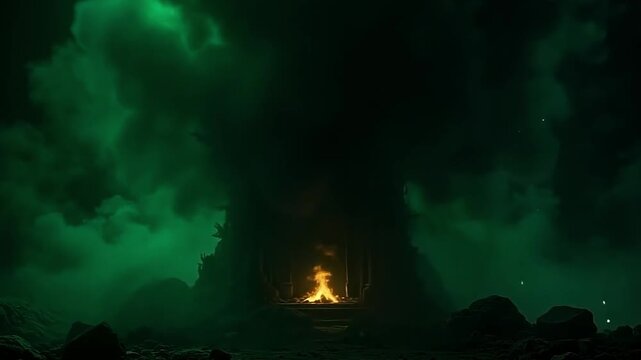 A forbidden spell activates and triggers explode dark shadow flash across the shrine, its smoky violence set against a radiant green background of unnatural calm.