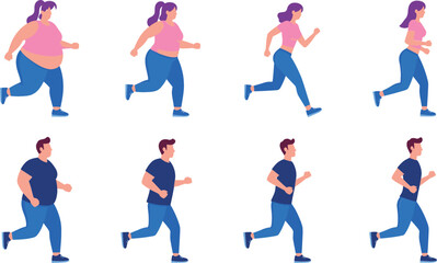  Weight loss journey and body transformation of man and woman running and exercise for fitness healthy lifestyle health goal and wellness concept vector.