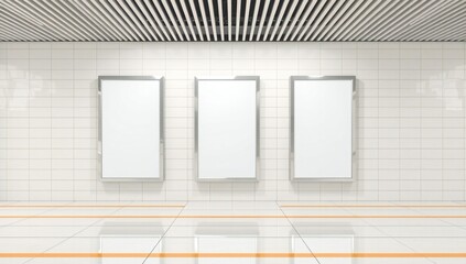 Three blank white rectangular frames on a tiled wall with a striped ceiling
