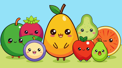 Minimalist Kawaii Fruit Sticker Set with Simple Faces,  Cute Fruit Icons: Green Apple, Orange, and Berry Illustration,