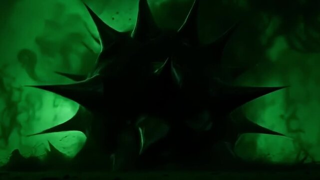 Eyes widen as explode dark shadow flash devours the room, casting spiked shadows that flicker across a vivid green background designed for high tension.