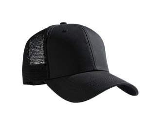 Tactical baseball cap black mesh trucker hat side view isolated on transparent background