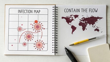 Infection Map and Global Containment Strategy with World Map Illustration in a Notebook