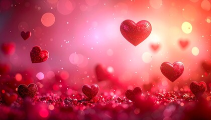 Obraz premium Floating hearts suspended in mid-air amidst a sea of red, surrounded by bokeh lights and festive atmosphere