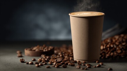 Steaming Coffee in a Disposable Cup Surrounded by Roasted Coffee Beans