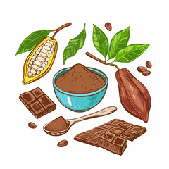 A rustic hand drawn chocolate themed icon set showing dark chocolate ingredients in a soft sketchy style