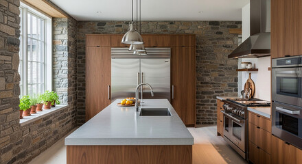 Modern Kitchen Island with Stainless Steel Appliances and Stone Wall interior