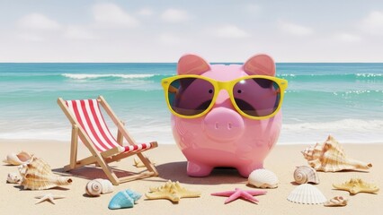 Piggy Bank with Sunglasses on a Beach with Deck Chair