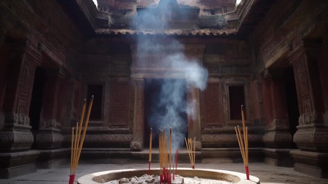 Ancient incense offering at a sacred temple, with smoke rising from burning sticks in a traditional brazier