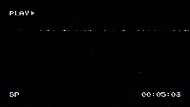 Retro VHS playback screen with PLAY icon, timestamp, static line, and colorful distortion effects on transparent background. 4K video