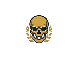 Fototapeta premium Golden skull with laurel leaves on a white background, dark eye sockets, grim teeth