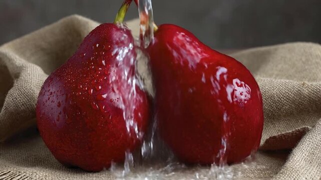 A captivating close-up shot features two vibrant red pears on a textured, natural burlap fabric. Fresh water cascades over one of the fruits, creating dynamic splashes and glistening droplets that cli