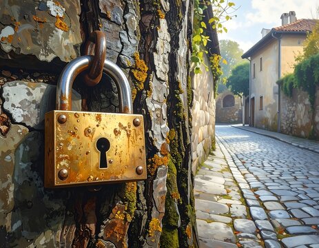 Golden padlock secures a weathered stone and tree-trunk wall in a sunlit European street