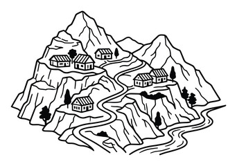 Line art illustration of a mountain village with houses, trees, and a river flowing through the valley.