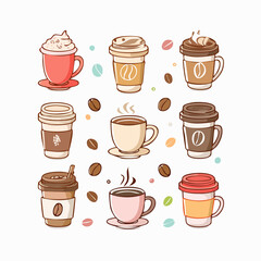 Obraz premium pastel coffee doodle icon set for February Coffee Day, latte, mug, to-go cup, bean accent
