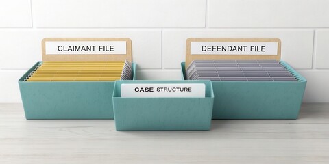 Organized File Storage for Legal Documents with Clear Labels for Claimant and Defendant Files in Modern Office Setting