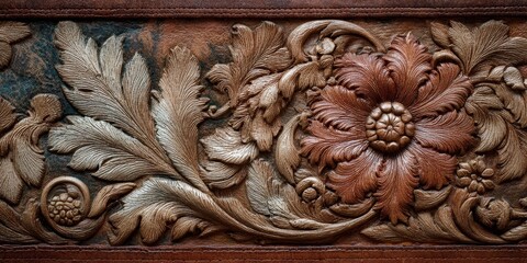 Leather stripe laid flat on surface with intricate embossed floral patterns, beautifully crafted material, elegant textures, high craftsmanship, decorative design, skillful embossing.