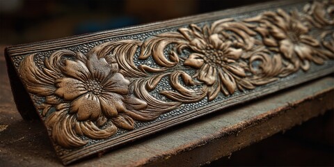Leather stripe laid flat on surface with intricate embossed floral patterns, beautifully crafted material, elegant textures, high craftsmanship, decorative design, skillful embossing.