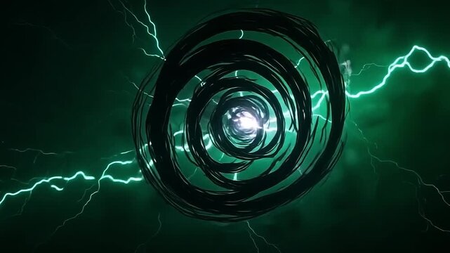 As the runes ignite, explode dark shadow flash spirals outward, spinning black and violet lines into a sharp green background crackling with tension.