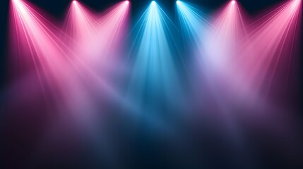 Bright stage lights create vibrant atmosphere with pink and blue hues illuminating scene