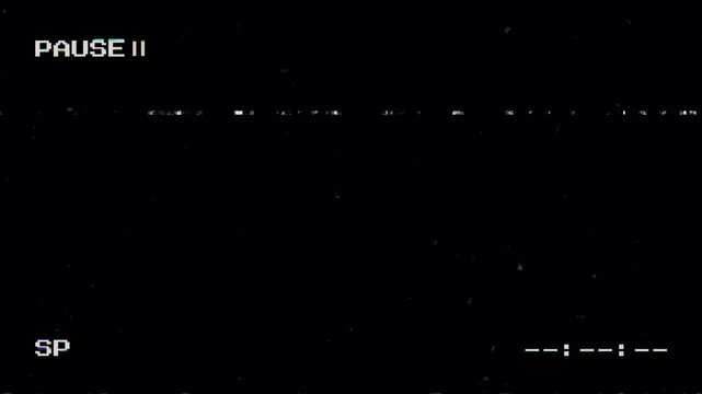 Retro VHS pause screen with glitchy PAUSE text, SP label, static lines, and analog distortion effects on transparent background. 4K video