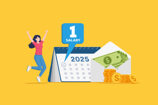 happy woman employee or workers receive a monthly salary in 2025, active income with salary payment concept, Payday loans monthly salary concept vector Illustration with flat style