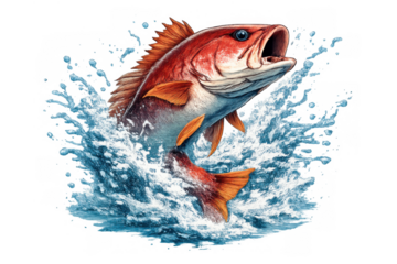Red snapper fish with open mouth jumping from blue water, creating a splash, on a transparent background, depicting sport fishing