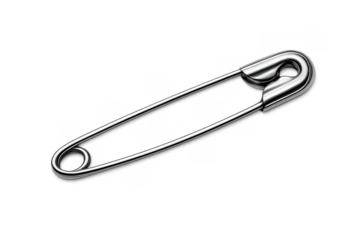 Silver metal safety pin for fastening, holding, and securing fabrics, isolated on transparent background