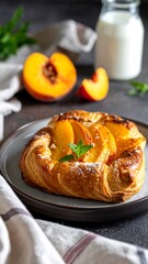 Golden pastry topped with peach slices on a plate, milk jar and cloth in background