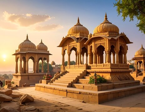 Golden sandstone chattris stand at sunset, overlooking a sandy landscape with hazy skies