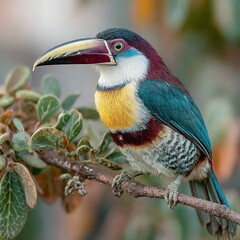 Obraz premium Vibrant toucan perched on branch, showcasing colorful plumage and distinctive beak