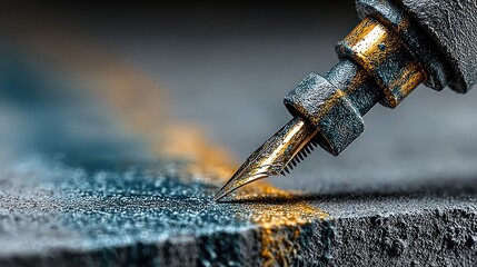 Close-up of a pen nib writing on a textured surface, with color trails