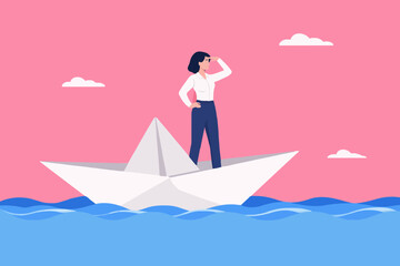 Obraz premium vision to see business direction with a businesswoman who uses a telescope to see the next business strategy while riding a paper boat, find new business strategy or business objective or opportunity