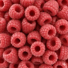 3D semi-realistic macro texture of fresh raspberries filling the frame, realistic berry clusters, natural red color variation, soft surface highlights, strong depth through overlap