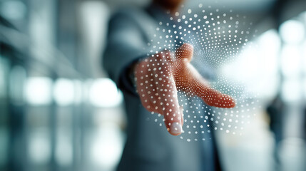 person in suit reaches toward virtual interface