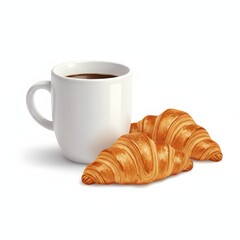 Coffee cup with croissants arranged on a clean white background, semi-realistic food illustration, smooth ceramic texture, soft shadows beneath objects, strong 3D depth and separation