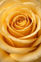 Extreme close-up of a yellow rose in full bloom, layered petals forming a spiral, soft diffused lighting, rich golden-yellow tones, smooth gradients, macro floral photography style