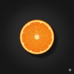 A 3D semi-realistic illustration of a single orange slice centered on a dark textured surface. Emphasize strong contrast, circular depth, subtle surface grain, soft directional lighting