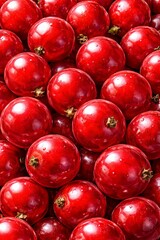 Macro close-up of glossy red berries tightly clustered, 3D semi-realistic illustration, smooth spherical forms with reflective highlights, rich natural red tones, slight translucency, soft shadows