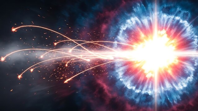Nebula explosion with particles streams, artistic space burst backdrop