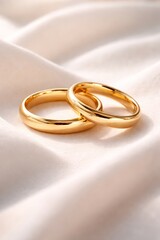 Two gold wedding rings resting on soft white fabric, minimalist composition, shallow depth of field, warm natural highlights on polished metal, gentle shadows, elegant romantic mood, fine-art wedding
