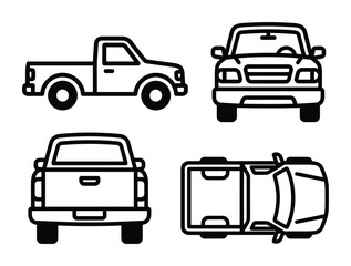 Pickup truck in four views with outline style. Showing side, front, back and top view icons.