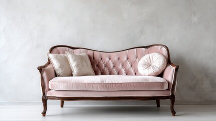 Elegant vintage pink sofa with decorative pillows on a minimalist wall