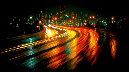 Night city road traffic light trails, vibrant curves showcase urban bustle, for advertising design and video background material