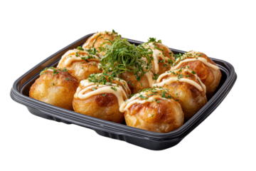 Eight golden brown takoyaki balls drizzled with white sauce and sprinkled with green herbs food japanese, Png, Isolated on Transparent Background, Cut Out