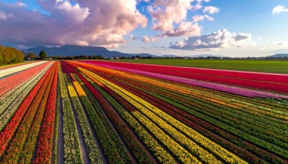 Rows of colorful tulips bloom in a vast field under a bright, partly cloudy sky and distant mountains