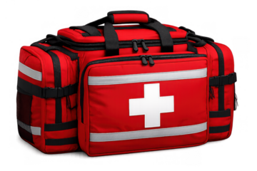 First aid kit bag with medical white cross symbol for emergency response on transparent background
