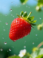 Close-Up of a Fresh Strawberry with Water Droplets Against a Vivid Green Background Perfect for Food Presentation