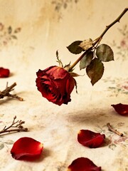 Rustic Vintage Composition of a Red Rose on Vintage Background with Petals and Dried Stems for Romantic Decor